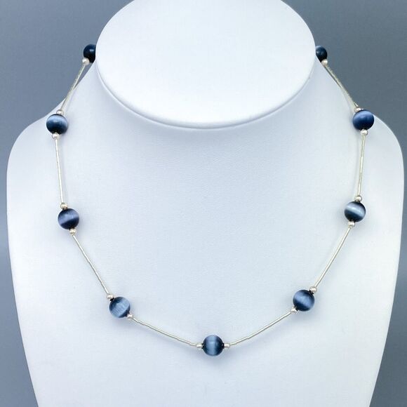 Jordan Liquid Silver 925 Black Simulated Cat's Eye Bead Station Necklace 15.75" - Picture 1 of 4
